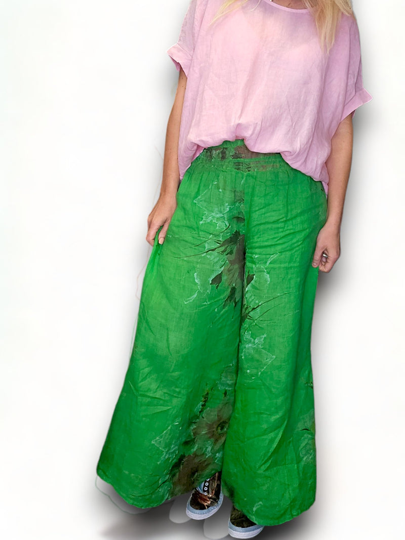 HELGA MAY_PALAZZO PANT LINEN MEADOW BLOOM FRESH GREEN _ PALAZZO PANT LINEN MEADOW BLOOM FRESH GREEN _ Ebony Boutique NZ