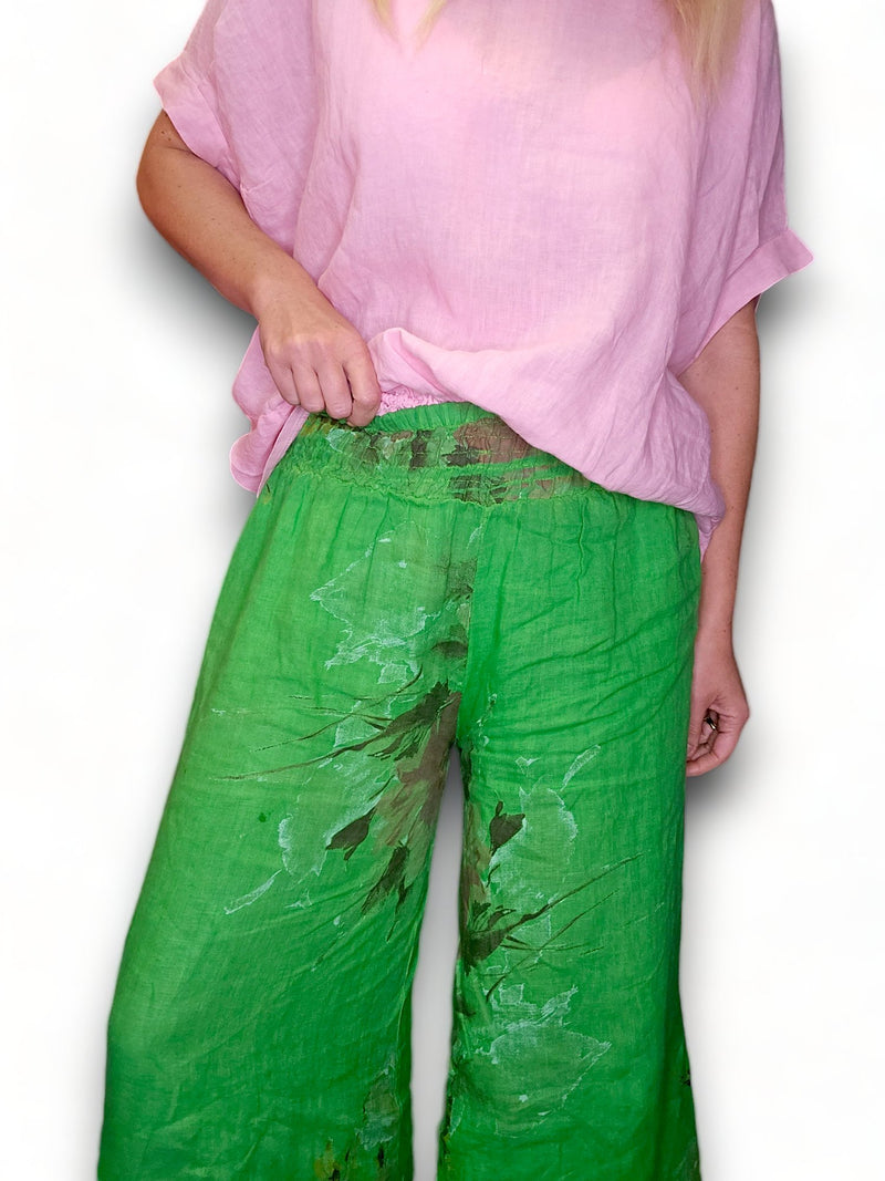 HELGA MAY_PALAZZO PANT LINEN MEADOW BLOOM FRESH GREEN _ PALAZZO PANT LINEN MEADOW BLOOM FRESH GREEN _ Ebony Boutique NZ