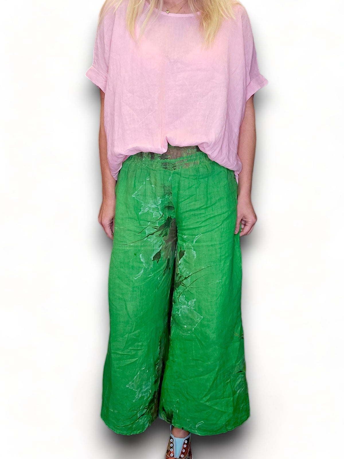 HELGA MAY_PALAZZO PANT LINEN MEADOW BLOOM FRESH GREEN _ PALAZZO PANT LINEN MEADOW BLOOM FRESH GREEN _ Ebony Boutique NZ