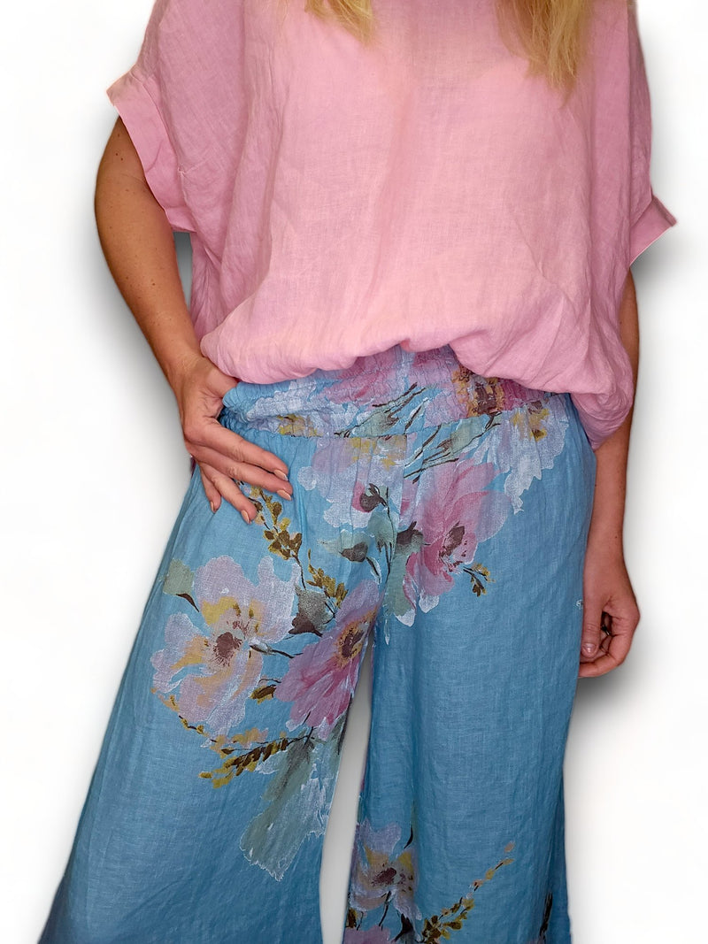 HELGA MAY_PALAZZO PANT LINEN MEADOW BLOOM LIGHT TURQUOISE _ PALAZZO PANT LINEN MEADOW BLOOM LIGHT TURQUOISE _ Ebony Boutique NZ