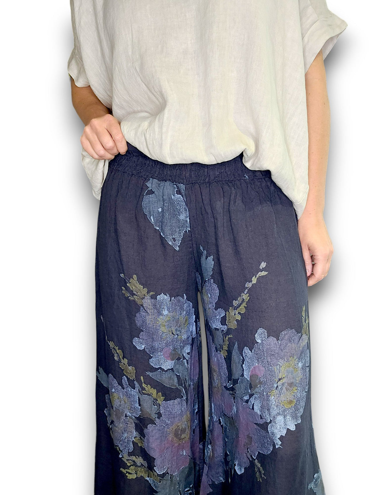 HELGA MAY_PALAZZO PANT LINEN MEADOW BLOOM NAVY _ PALAZZO PANT LINEN MEADOW BLOOM NAVY _ Ebony Boutique NZ