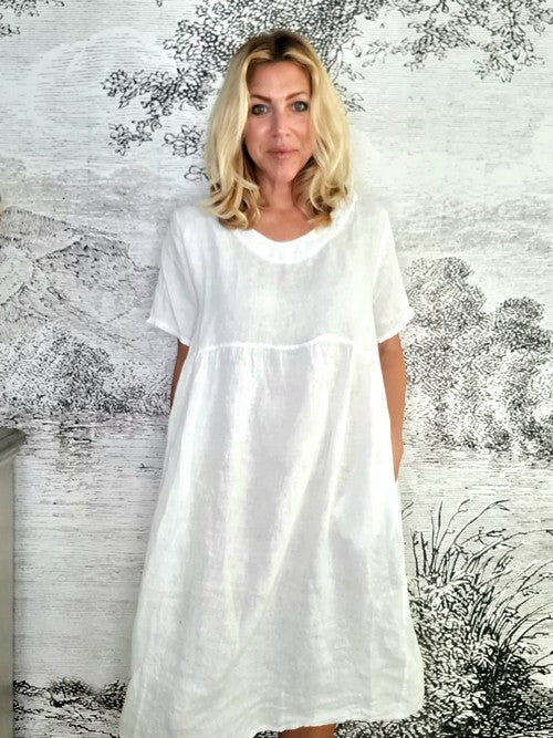 HELGA MAY_TEE SHAPE LINEN DRESS WHITE _ TEE SHAPE LINEN DRESS WHITE _ Ebony Boutique NZ