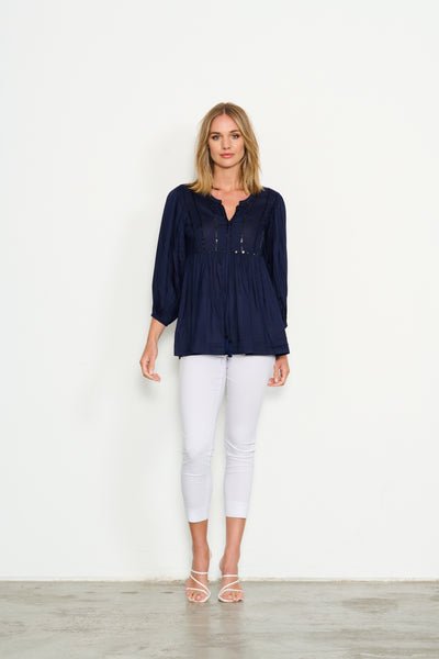 HOLMES AND FALLON_PLACEMENT BEADS BLOUSE NAVY _ PLACEMENT BEADS BLOUSE NAVY _ Ebony Boutique NZ