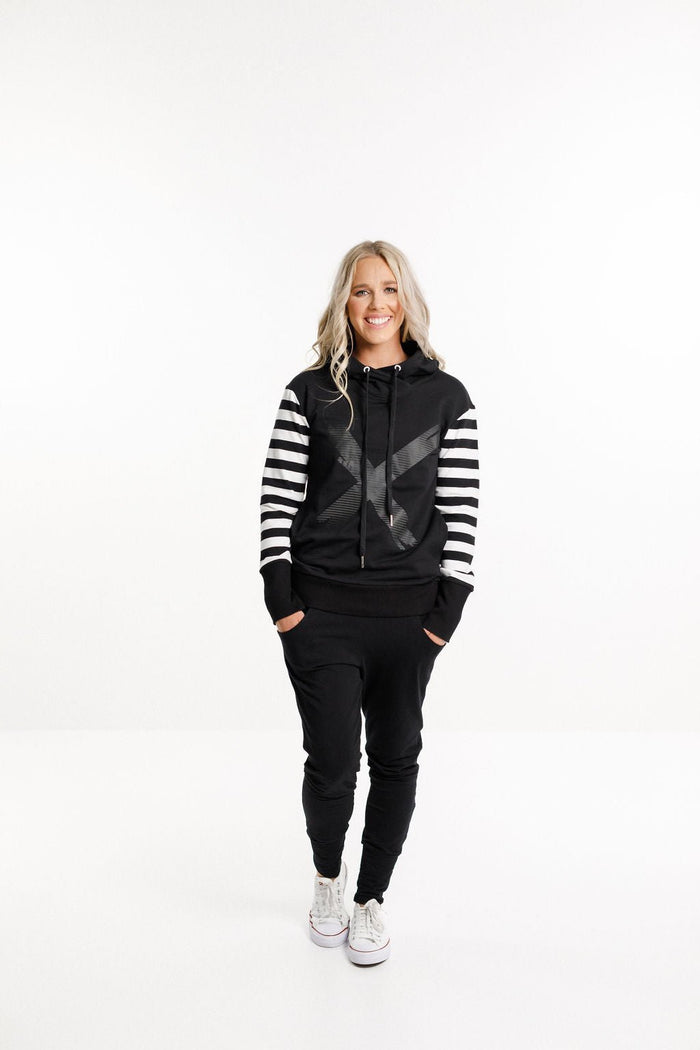 HOME LEE_HOODED SWEATSHIRT BLACK WITH BLACK AND WHITE STRIPE _ HOODED SWEATSHIRT BLACK WITH BLACK AND WHITE STRIPE _ Ebony Boutique NZ
