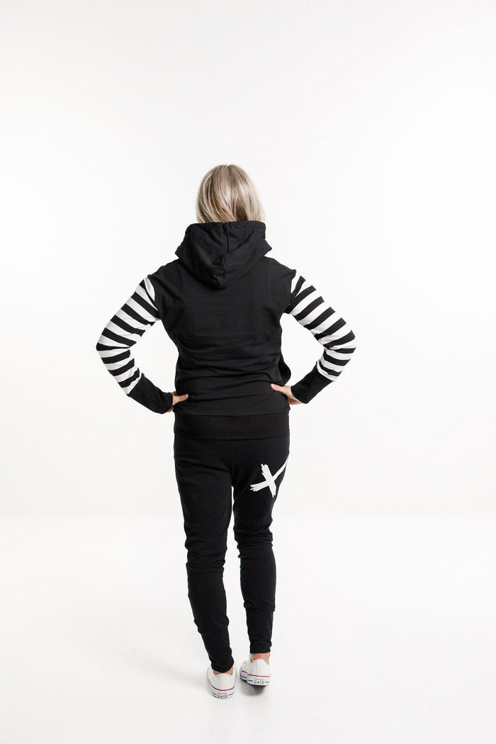 HOME LEE_HOODED SWEATSHIRT BLACK WITH BLACK AND WHITE STRIPE _ HOODED SWEATSHIRT BLACK WITH BLACK AND WHITE STRIPE _ Ebony Boutique NZ