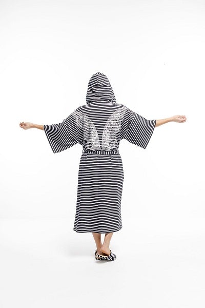 THE GOODNIGHT SOCIETY_HOODED ROBE BLACK & WHITE STRIPES WITH WINGS PRINT _ _ Ebony Boutique NZ
