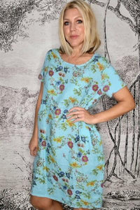 HELGA MAY_JUNGLE DRESS LINEN BOTANICAL AQUA BLUE _ _ Ebony Boutique NZ