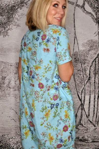 HELGA MAY_JUNGLE DRESS LINEN BOTANICAL AQUA BLUE _ _ Ebony Boutique NZ