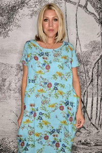 HELGA MAY_JUNGLE DRESS LINEN BOTANICAL AQUA BLUE _ _ Ebony Boutique NZ