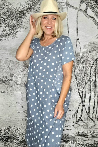 HELGA MAY_JUNGLE DRESS POLKA DOT PETROL _ _ Ebony Boutique NZ