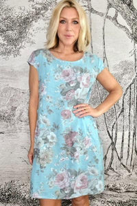 HELGA MAY_KENNEDY DRESS LINEN SCARLETT ROSE AQUA BLUE _ _ Ebony Boutique NZ
