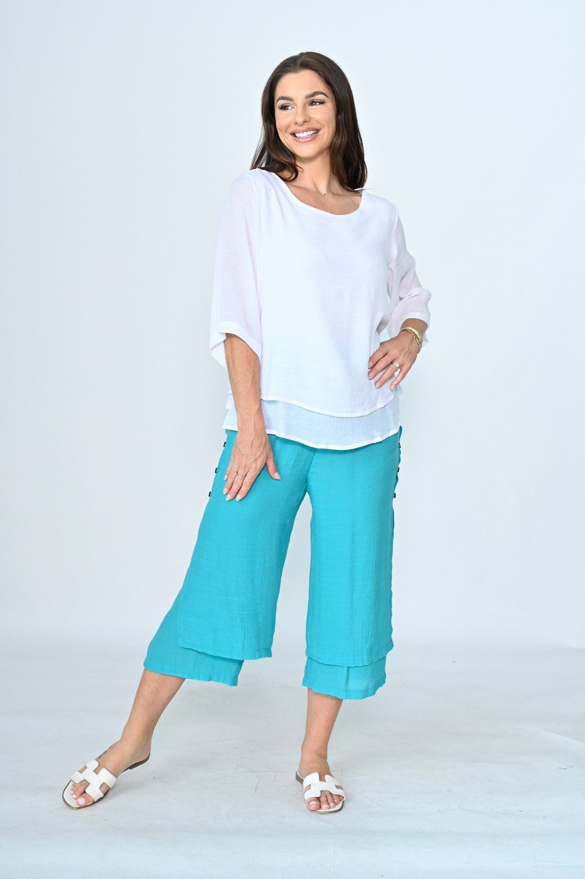 LA MODE_3/4 SIDE BUTTON LAYERED BEACH PANT TEAL _ 3/4 SIDE BUTTON LAYERED BEACH PANT TEAL _ Ebony Boutique NZ