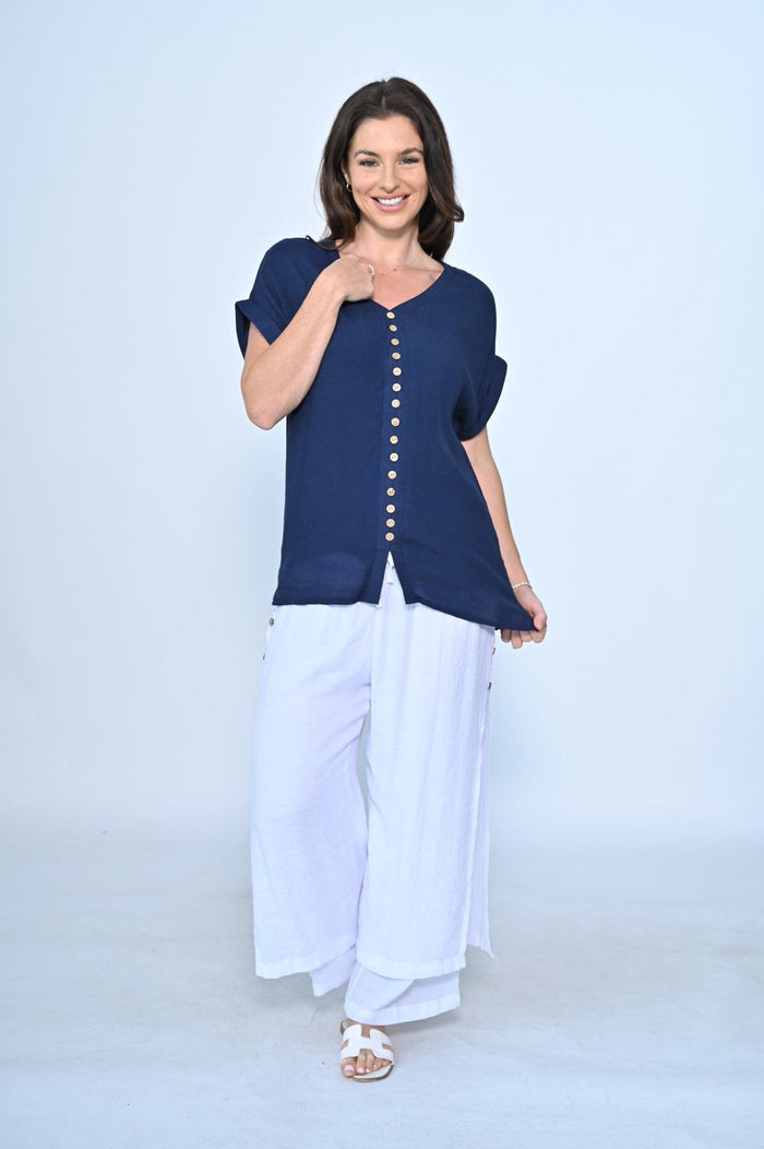 LA MODE_FRONT WOODEN BUTTON LAYERED TOP NAVY _ FRONT WOODEN BUTTON LAYERED TOP NAVY _ Ebony Boutique NZ