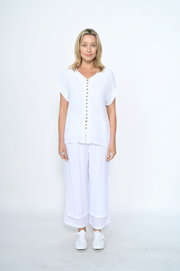 LA MODE_FRONT WOODEN BUTTON LAYERED TOP WHITE _ FRONT WOODEN BUTTON LAYERED TOP WHITE _ Ebony Boutique NZ