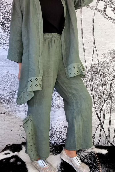 HELGA MAY_LACE LEG LINEN PANT FOREST _ _ Ebony Boutique NZ