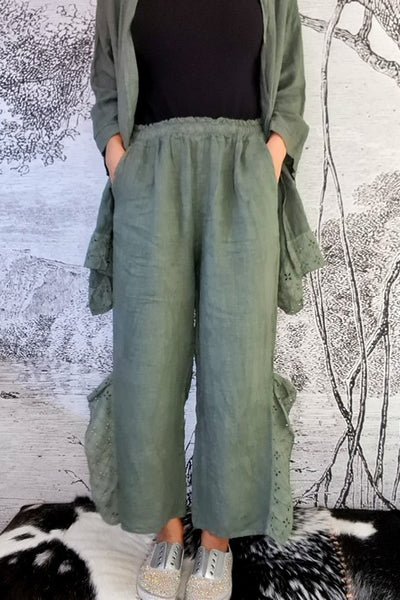 HELGA MAY_LACE LEG LINEN PANT FOREST _ _ Ebony Boutique NZ