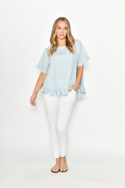 CALI & CO_LINEN FRILL TOP WITH BUTTONED BACK _ _ Ebony Boutique NZ