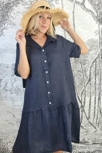 HELGA MAY_LINEN SHIRT DRESS NAVY _ _ Ebony Boutique NZ