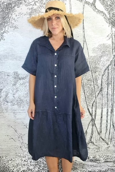 HELGA MAY_LINEN SHIRT DRESS NAVY _ _ Ebony Boutique NZ