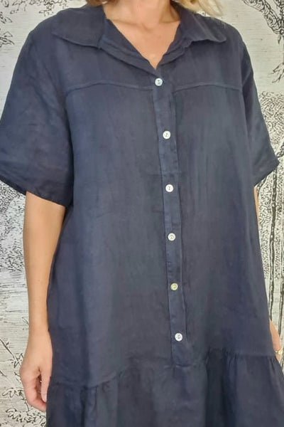 HELGA MAY_LINEN SHIRT DRESS NAVY _ _ Ebony Boutique NZ