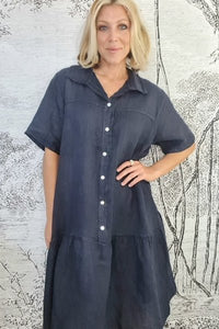 HELGA MAY_LINEN SHIRT DRESS NAVY _ _ Ebony Boutique NZ