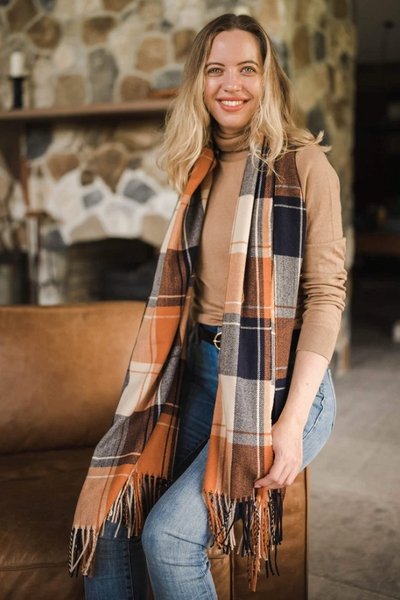 LOUENHIDE_GLASGOW CHECK SCARF TAN NAVY _ GLASGOW CHECK SCARF TAN NAVY _ Ebony Boutique NZ