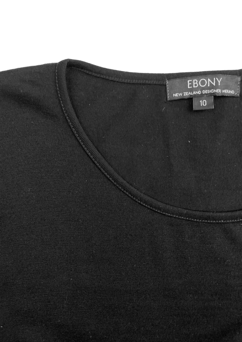 EBONY_MERINO CHIFFON HEM TOP LONG SLEEVES SCOOP NECK BLACK _ _ Ebony Boutique NZ