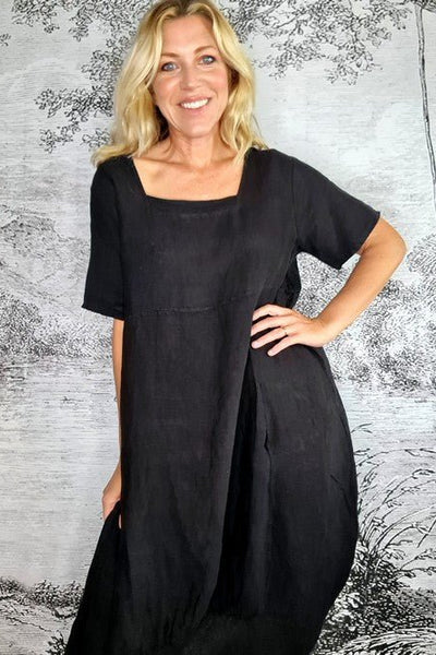 HELGA MAY_MID SLEEVE MAXI DRESS LINEN BLACK _ _ Ebony Boutique NZ