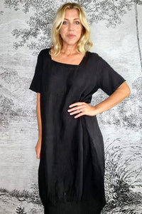HELGA MAY_MID SLEEVE MAXI DRESS LINEN BLACK _ _ Ebony Boutique NZ