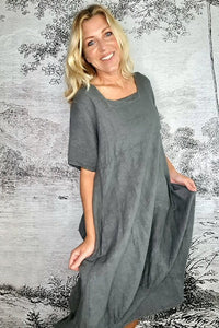 HELGA MAY_MID SLEEVE MAXI DRESS LINEN GREY _ _ Ebony Boutique NZ