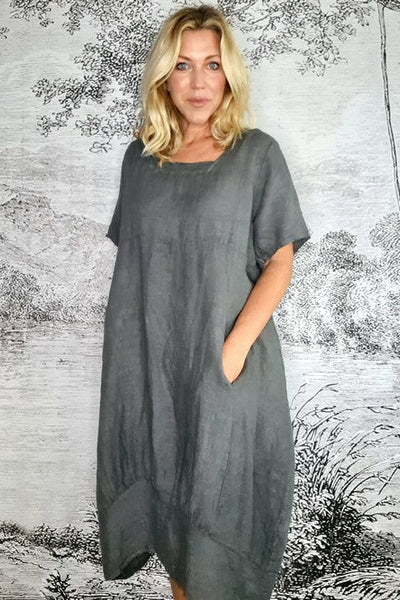 HELGA MAY_MID SLEEVE MAXI DRESS LINEN GREY _ _ Ebony Boutique NZ