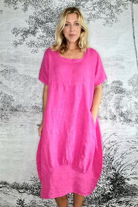 HELGA MAY_MID SLEEVE MAXI DRESS LINEN HOT PINK _ _ Ebony Boutique NZ