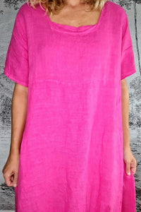 HELGA MAY_MID SLEEVE MAXI DRESS LINEN HOT PINK _ _ Ebony Boutique NZ