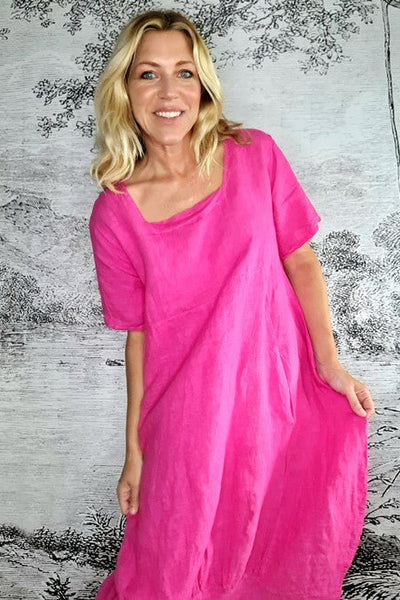 HELGA MAY_MID SLEEVE MAXI DRESS LINEN HOT PINK _ _ Ebony Boutique NZ