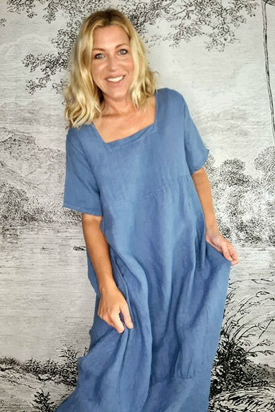 HELGA MAY_MID SLEEVE MAXI DRESS LINEN PETROL _ _ Ebony Boutique NZ