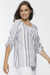 THREADZ_MULTI STRIPE TAB SLEEVE SHIRT _ _ Ebony Boutique NZ