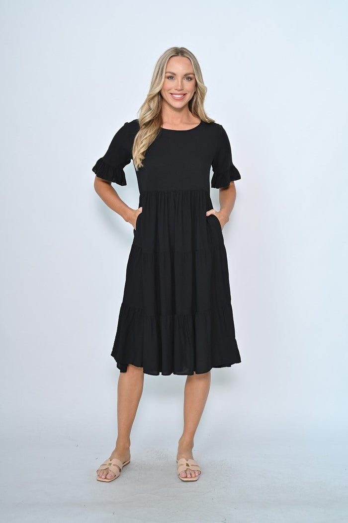 NEW U COLLECTION_RUFFLE SLEEVE TIERED EMPIRE LINE RAYON MIDI DRESS _ RUFFLE SLEEVE TIERED EMPIRE LINE RAYON MIDI DRESS _ Ebony Boutique NZ