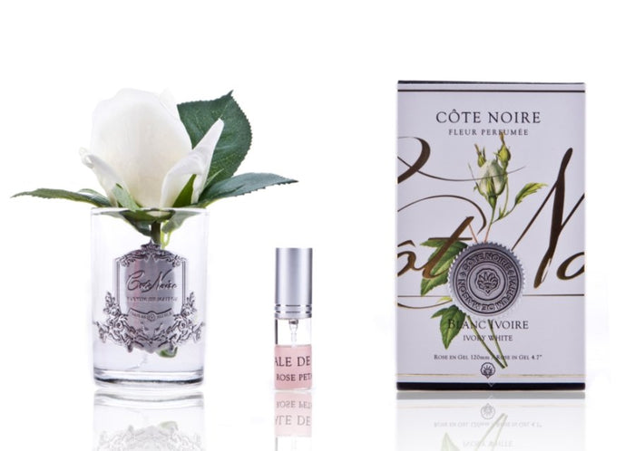 COTE NOIRE_PERFUMED NATURAL TOUCH ROSE BUD IVORY WHITE CLEAR GLASS _ _ Ebony Boutique NZ