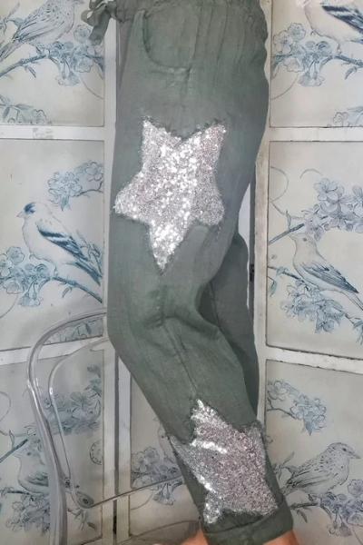 HELGA MAY_LINEN SEQUIN STAR PANTS FOREST _ _ Ebony Boutique NZ