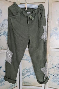 HELGA MAY_LINEN SEQUIN STAR PANTS FOREST _ _ Ebony Boutique NZ