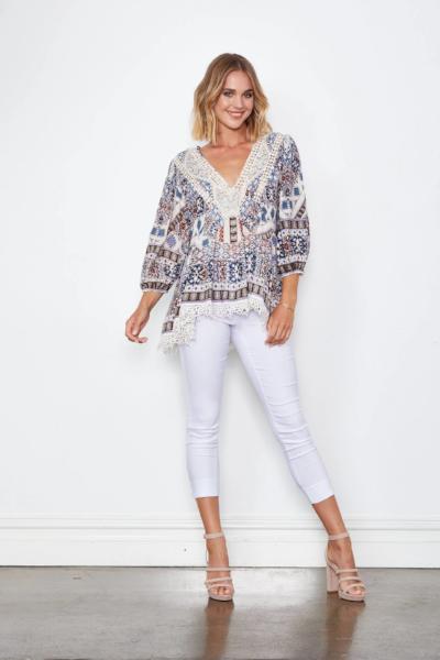 HOLMES AND FALLON_PRINTED BOHO CHIC TOP WITH LACE TRIMS _ _ Ebony Boutique NZ
