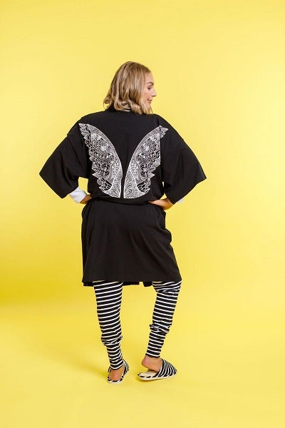 THE GOODNIGHT SOCIETY_ROBE BLACK WITH WHITE WINGS _ _ Ebony Boutique NZ