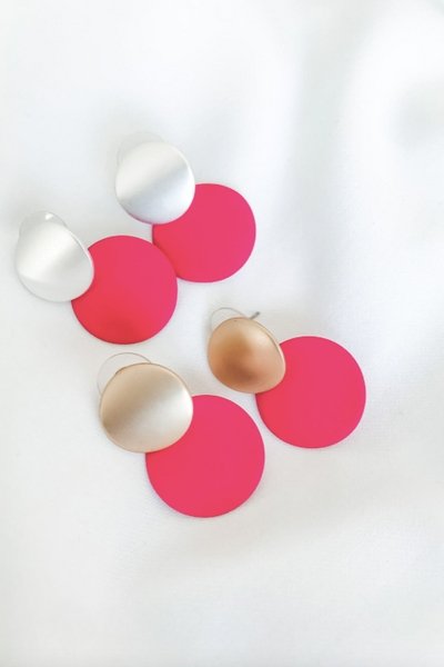 WILLOW COLLECTIVE_ROUND EARRINGS SILVER HOT PINK _ _ Ebony Boutique NZ