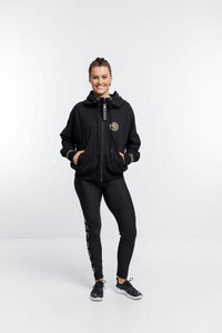 ROSE ROAD_ROXY BOMBER BLACK WITH GOLD CUFF DETAIL AND BADGE LOGO _ _ Ebony Boutique NZ