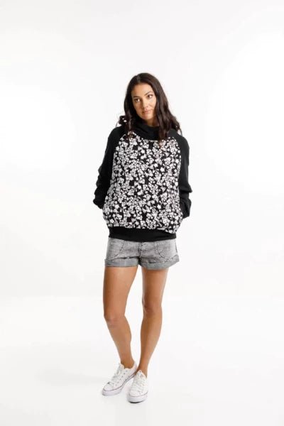HOME LEE_SIENNA SWEATER BLACK WITH BOUQUET PRINT _ _ Ebony Boutique NZ