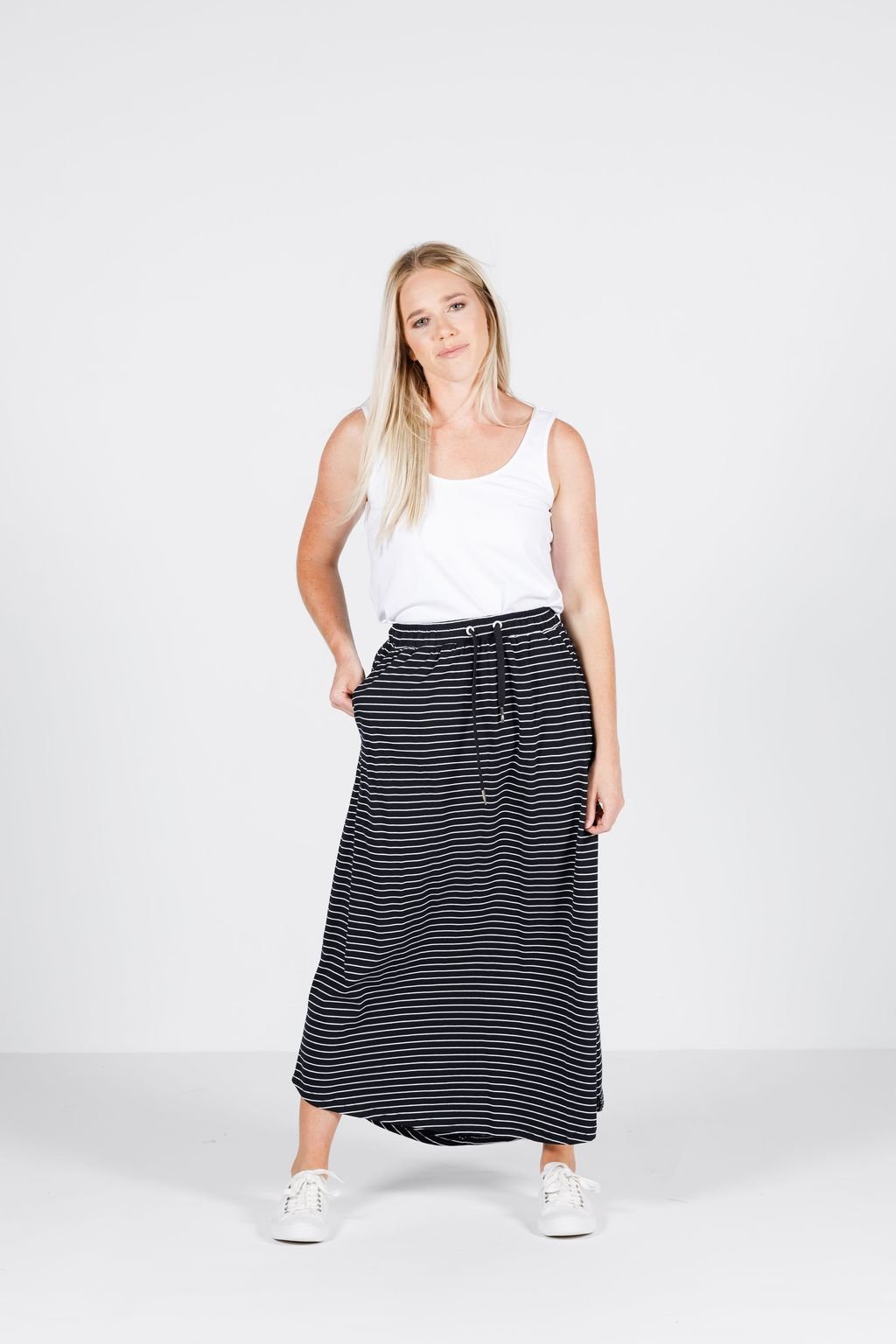 HOME-LEE_STRIPE MAXI SKIRT BLACK AND WHITE _ _ Ebony Boutique NZ