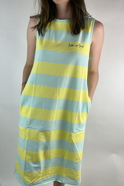 HOME-LEE_TAYLOR SINGLET DRESS YELLOW STRIPE WITH NAVY SCRIPT EMBROIDERY _ _ Ebony Boutique NZ