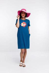HOME-LEE_TAYLOR TEE DRESS MYKONOS BLUE WITH FLORAL PLACEMENT PRINT _ _ Ebony Boutique NZ