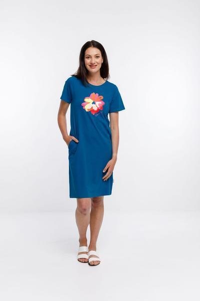 HOME-LEE_TAYLOR TEE DRESS MYKONOS BLUE WITH FLORAL PLACEMENT PRINT _ _ Ebony Boutique NZ