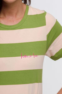 HOME-LEE_TAYLOR TEE DRESS PERIDOT STRIPE WITH PINK SCRIPT EMBROIDERY _ _ Ebony Boutique NZ